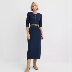 Loft Scalloped Ribbed Henley Midi Dress in Blue Size Small